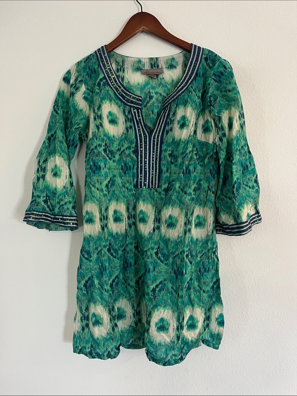 Boutique Green Printed Beaded Long Sleeve Swim Cover Dress